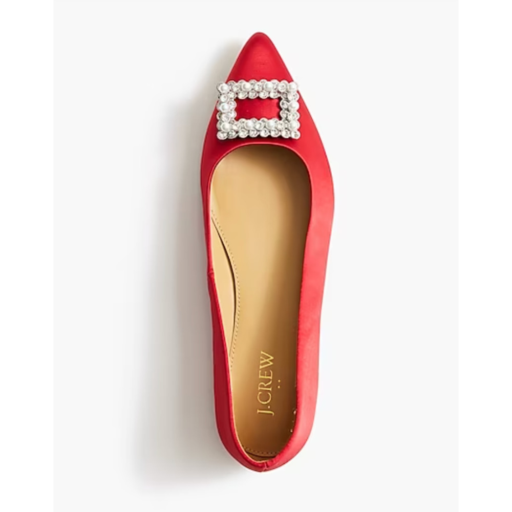 Crystal Embellished Pointed-Toe Satin Flats | Sz 6, Ruby Red | J Crew Factory - Picture 2 of 5